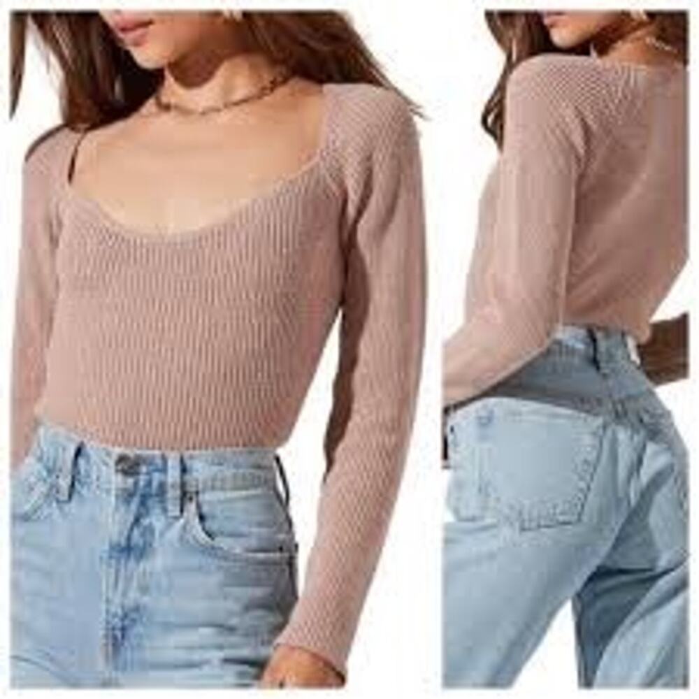ASTR The Label Taupe Ribbed Knit Scoop Neck Long Sleeve Top